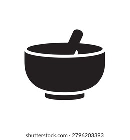 A simple, stylized illustration of a black mortar and pestle with a smooth, rounded bowl and a solid, cylindrical pestle. The image uses bold black and white contrast, creating a clean and modern aest.