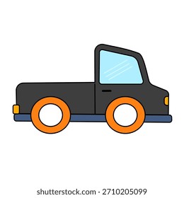 Ilustración simple y estilizada de una camioneta negra con ruedas naranjas y molduras azules. Líneas limpias, diseño caricaturesco, aislado en blanco. Adecuado para contenido infantil.