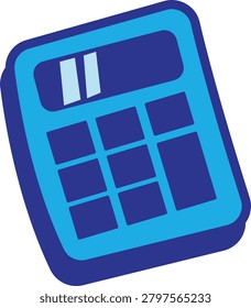 A simple, stylized illustration of a blue calculator featuring a blank screen and a grid of darker blue buttons, suggesting a device for mathematical calculations.