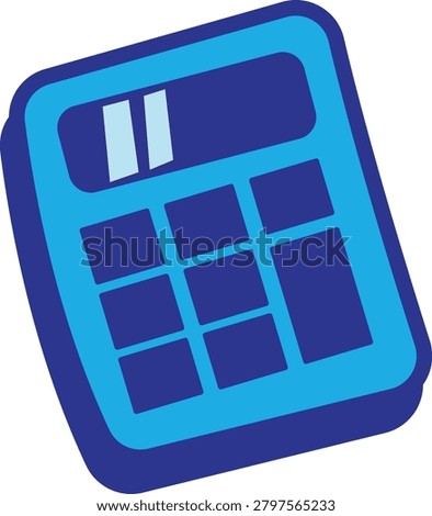 A simple, stylized illustration of a blue calculator featuring a blank screen and a grid of darker blue buttons, suggesting a device for mathematical calculations.