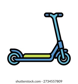 A simple, stylized illustration of a blue kick scooter with a green deck, isolated on a white background. This object is commonly used for recreation and transportation.
