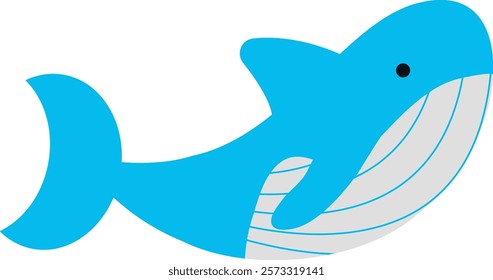 Simple, stylized illustration of a blue whale with a white underbelly and small black eye. The whale's tail is curved, and the design is minimalistic and playful.