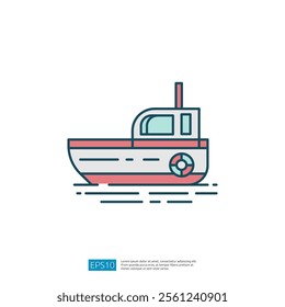 A simple, stylized illustration of a boat, designed with clean lines and minimal color, floating on water. It represents transportation and leisure activities on water.