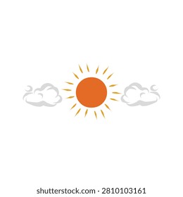 A simple, stylized illustration of a bright orange sun with rays, positioned centrally between two white, fluffy clouds against a clean white background.