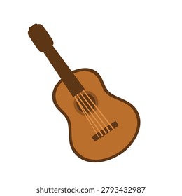 A simple, stylized illustration of a brown acoustic guitar with six strings and a soundhole.