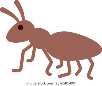 Simple, stylized illustration of a brown ant with a rounded head, two antennae, segmented body, and six legs. Represents insects, nature, and minimalistic design.