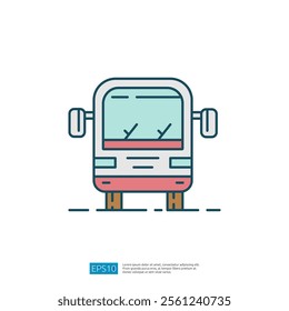 A simple, stylized illustration of a bus, showcasing its front view with clear windows and wheels, emphasizing public transport.