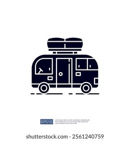 A simple, stylized illustration of a camper van with a roof rack, symbolizing travel and adventure.