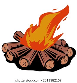 A simple, stylized illustration of a campfire. It features a neatly arranged stack of brown logs in a circular pattern, with a bright, vibrant flame rising from the center.