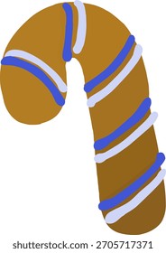 Una ilustración simple y estilizada de un bastón de caramelo, renderizado en tonos marrones cálidos con rayas azules y púrpuras claras