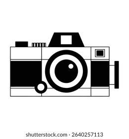 A simple, stylized illustration of a classic camera, rendered in black and white.