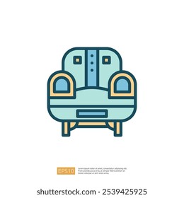 A simple, stylized illustration of a comfortable armchair in light blue and brown tones, designed for leisure and relaxation.