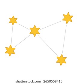 A simple, stylized illustration of a constellation made of five golden, six-pointed stars connected by thin, light gray lines on a white background.