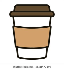 Una ilustración simple y estilizada de una taza de café desechable con tapa marrón y manga sobre un fondo blanco.