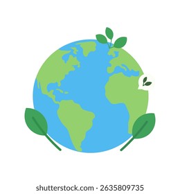 Simple, stylized illustration of the Earth surrounded by green leaves, conveying a message of environmental consciousness and sustainability.