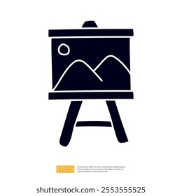 A simple, stylized illustration of an easel displaying a framed landscape painting with mountains and a sun. It represents art and creativity.