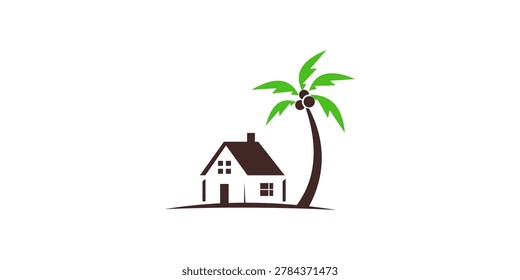 A simple, stylized illustration featuring a small house with a pointed roof and windows, standing next to a tall palm tree laden with coconuts, set against a clean white background. This minimalist design evokes a sense of tropical living or vacation.