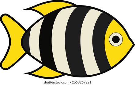 Ilustração simples e estilizada de um peixe com listras negras pretas e creme e barbatanas amarelas brilhantes.