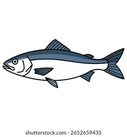 Uma ilustração simples e estilizada de um peixe, provavelmente um salmão ou truta, retratada em perfil sobre um fundo branco. O peixe tem coloração azul-acinzentada nas costas e barbatanas, com uma barriga branca.