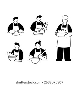 Simple, stylized illustration of four bakers performing various steps in the bread-making process.