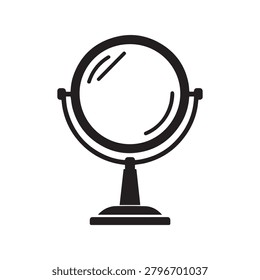 A simple, stylized illustration of a handheld vanity mirror on a stand, showing a smiling face reflection. The design is clean and monochromatic with subtle shading, emphasizing a cheerful and approac.
