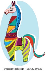  a simple, stylized illustration of a horse with a long neck and colorful patterns. The horse has a pink face, a blue mane, and a multi-colored body with stripes and shapes. Pinata illustration