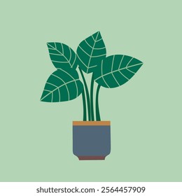 A simple, stylized illustration of a houseplant with three large, textured leaves in a muted grey-blue pot