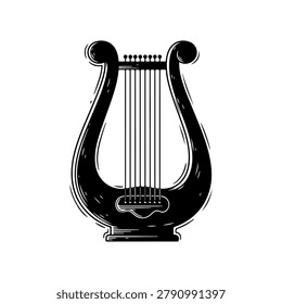 A simple, stylized illustration of a lyre, a stringed musical instrument, in black and white.