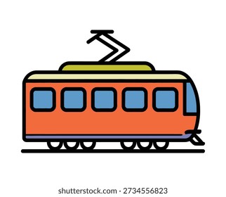 A simple, stylized illustration of an orange electric tram with blue windows and a pantograph on top, depicted from a side view on a railway track.