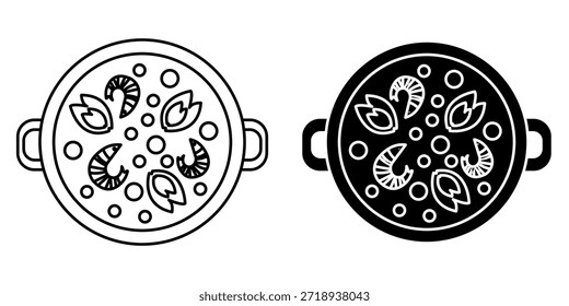 simple, stylized illustration of a paella dish, showing shrimp and peas in a round pan, available in both outline and solid black versions.