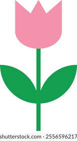A simple, stylized illustration of a pink tulip flower with a green stem and two green leaves, depicted using geometric shapes and vibrant colors.