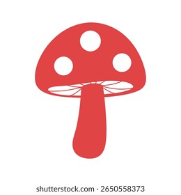 A simple, stylized illustration of a red mushroom with white polka dots on its cap. The mushroom has a thick stem and visible gills underneath the cap, set against a clean white background.