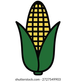 Una ilustración simple y estilizada de una mazorca de maíz madura con sus cáscaras verdes.