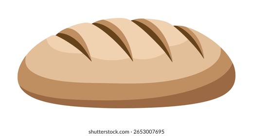Ilustração simples e estilizada de um pão redondo com marcas de escore diagonal no topo. O pão apresenta uma crosta morna, de cor castanha dourada, isolada sobre fundo branco.