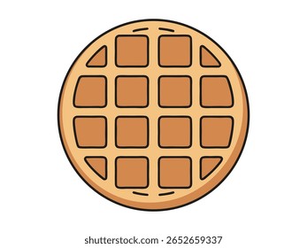 Ilustração simples e estilizada de um waffle redondo com um padrão de grade e um contorno preto espesso. O waffle é de cor castanho-clara, apresentado sobre um fundo branco limpo.