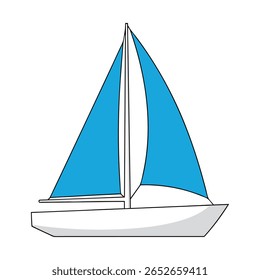 Uma ilustração simples e estilizada de um veleiro com velas azuis e um casco branco, situado sobre um fundo branco limpo. Ideal para temas náuticos e projetos de verão.