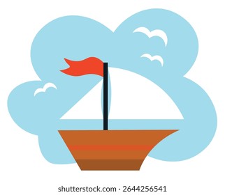 A simple, stylized illustration of a sailboat with a triangular white sail and a red flag on top. and summer vacation