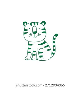 Una ilustración simple y estilizada de un tigre sentado con rayas verdes sobre un fondo blanco.