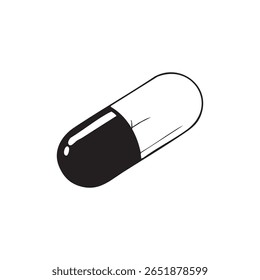 Uma ilustração simples e estilizada de uma única cápsula, metade azul escuro e metade branco, lançando uma sombra sutil. Este gráfico representa medicação, saúde e tratamento.