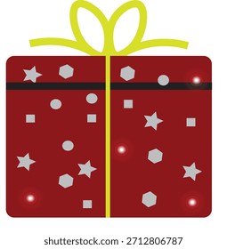 Eine einfache, stilisierte Illustration einer quadratischen roten Geschenkbox, die mit einem hellgelben Band und einer Schleife verbunden ist. Die Kastenoberfläche ist mit kleinen weißen und grauen Konfetti-Formen, einschließlich Sternen und Punkten, Sug