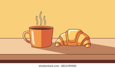 A simple, stylized illustration of a steaming orange mug of coffee next to a golden croissant on a wooden table. Perfect for breakfast themes, cafe menus, or morning routines.