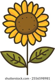 A simple, stylized illustration of a sunflower with a large brown center dotted, surrounded by bright yellow petals, and a green stem with two green leaves displaying visible veins.