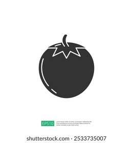 A simple, stylized illustration of a tomato, designed in a minimalist black and white style, suitable for food-related graphics or culinary themes.