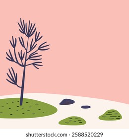 A simple and stylized illustration of a tree on a grassy patch, accompanied by a few stones, set against a soft pink background.