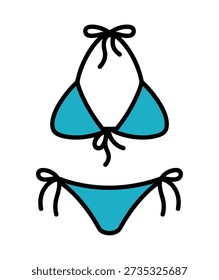 A simple, stylized illustration of a turquoise bikini with black outlines and ties. The bikini consists of a halter-neck top and a matching brief bottom.