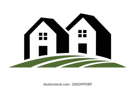 A simple, stylized illustration of two farmhouses situated on a gently sloping hillside.