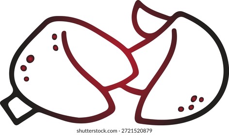 Una ilustración simple y estilizada de dos galletas de la fortuna, una ligeramente abierta y la otra cerrada, renderizada en contorno rojo y negro sobre un fondo blanco, perfecto para su uso en diseños relacionados