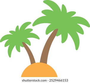 Ilustração simples e estilizada de duas palmeiras com frondes verdes e troncos marrons, crescendo a partir de um monte ou ilha de laranja.