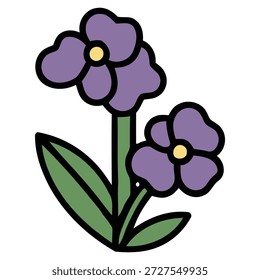 A simple, stylized illustration of two purple flowers with yellow centers and green leaves on a white background.