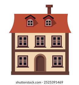 A simple, stylized illustration of a two-story house with a red roof and multiple windows.